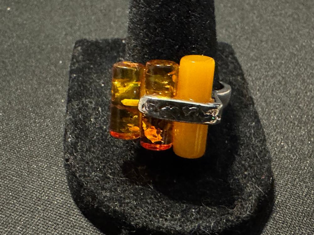 Vintage FAS Rare Amber Ring Cylindrical Baltic 925 Size 9